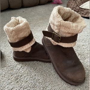Ugg winter boots. Brown leather w/cream sweater look